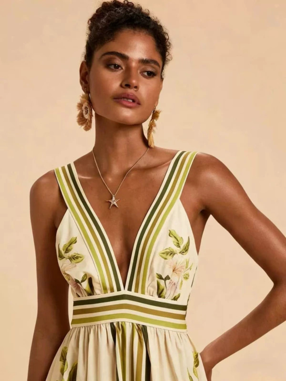 In Stock Stylish Summer Neckline Placement Print Smocked Back Dress